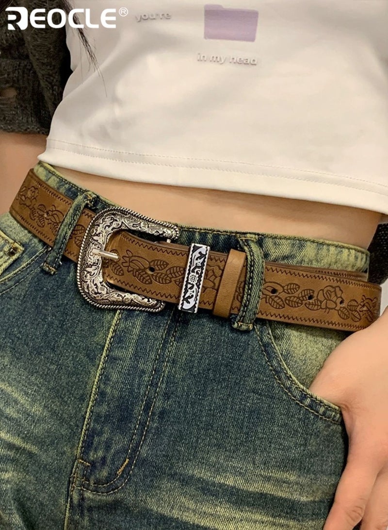 REOCLE Women's Leather Belt Vintage Floral Embossed Wide Faux Leather Belt with Ornate Engraved Metal Buckle Adjustable Western Style Waist Belt for Daily and Office Wear - Image 3