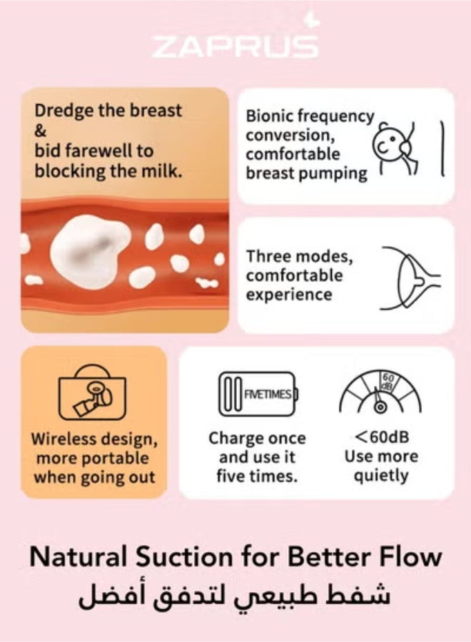 زابروس مضخة ثدي كهربائية قابلة للارتداء بدون استخدام اليدين، منخفضة الضوضاء، قابلة لإعادة الشحن مع 3 أوضاع × 10 مستويات، سيليكون غذائي خالي من BPA، محمولة ومريحة للأمهات المرضعات (فلنجات 24 مم و28 مم) - Image 5