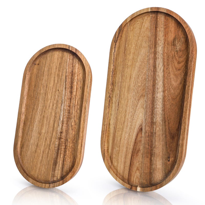 Elsjoy Set of 2 Acacia Wood Serving Trays Long Wooden Serving Platter Oval Charcuterie Board Set for Home Decor Fruit Cheese