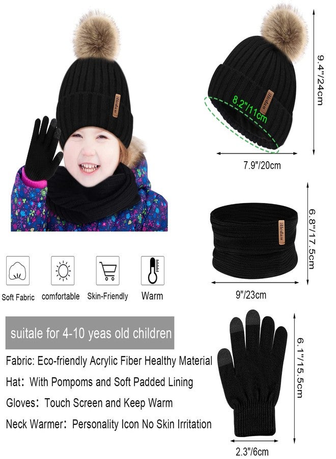 Hicdaw Kids Winter Hats Gloves Scarf Set Warm Knitted Touchscreen Gloves Toddlers Baby Beanie Hat with Fur Poms for Boy Girl, Black - Image 2