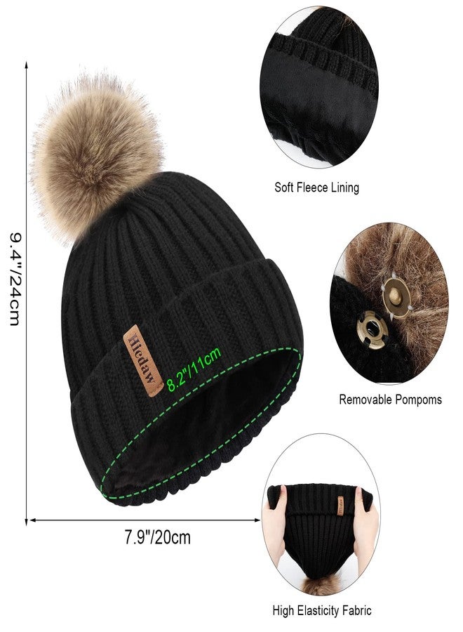 Hicdaw Kids Winter Hats Gloves Scarf Set Warm Knitted Touchscreen Gloves Toddlers Baby Beanie Hat with Fur Poms for Boy Girl, Black - Image 3