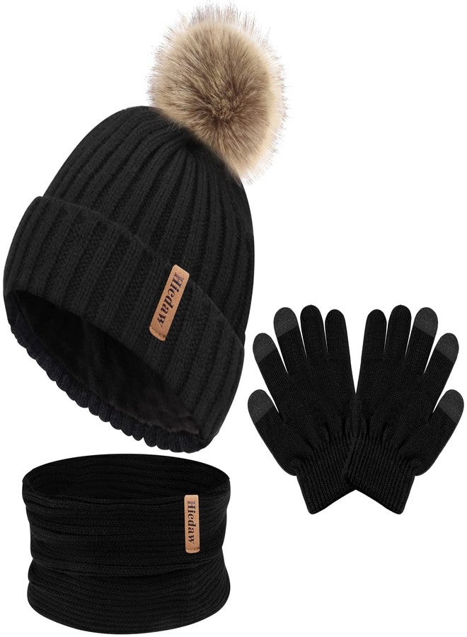 Hicdaw Kids Winter Hats Gloves Scarf Set Warm Knitted Touchscreen Gloves Toddlers Baby Beanie Hat with Fur Poms for Boy Girl, Black - Image 1