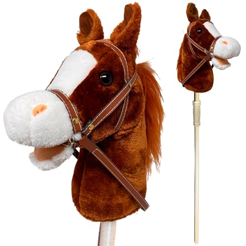 Nature Bound Horse Riding Stick Handcrafted Plush Hobby Horse Sticks Handsewn Head Sturdy Wood Stick Plus Neighing ClipClop Sounds for Kids Toddlers Preschoolers Chestnut Red Color - Image 1