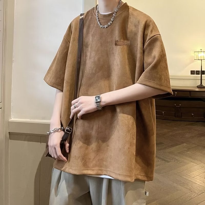 Loose Elegant Youth Popular Short-sleeved Men's T-shirt Solid Color Suede Fashion All-match Summer Simple New Short-sleeved - Image 2