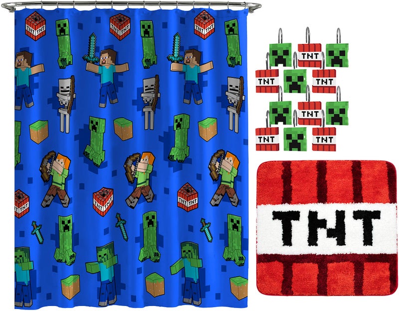 Jay Franco Minecraft Creeper TNT 14 Piece Bathroom Set  Includes Shower Curtain 12 Hooks  NonSlip Bath Rug  Easy Care Fabric Official Minecraft Product