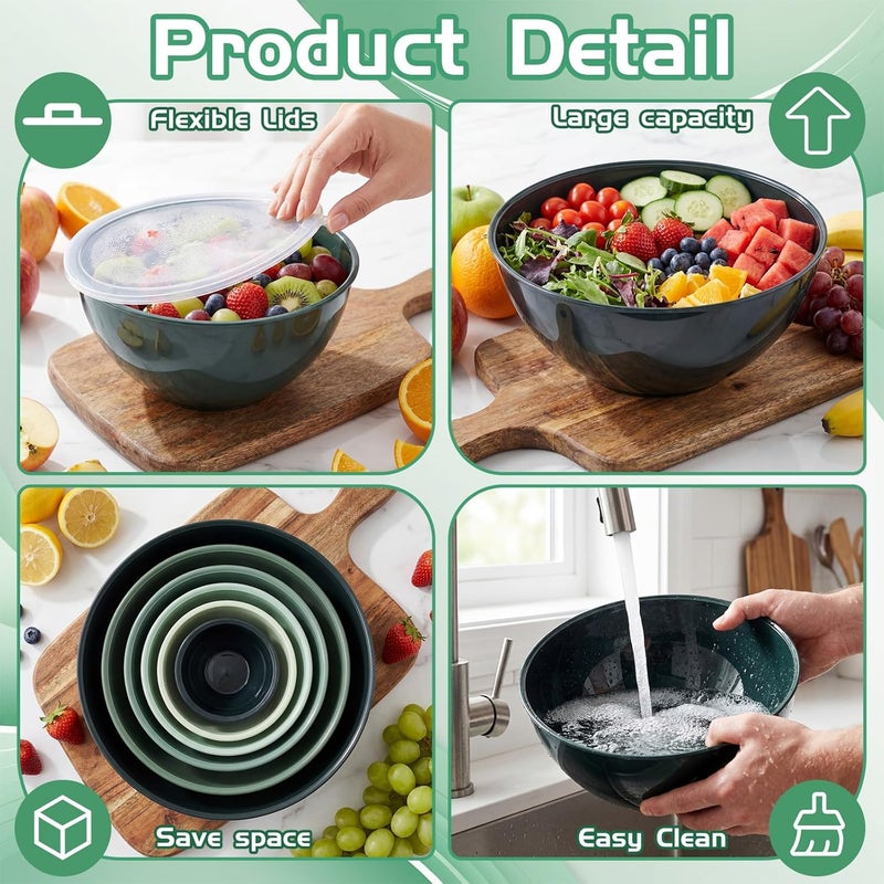 LemonRoad 6 Pcs Plastic Mixing Bowl Set with Lids Colorful Serving Bowl Nesting Storage Bowls for Kitchen, Baking, Prepping, Cooking and Serving Food, Dishwasher & Microwave Safe(Green) - Image 4