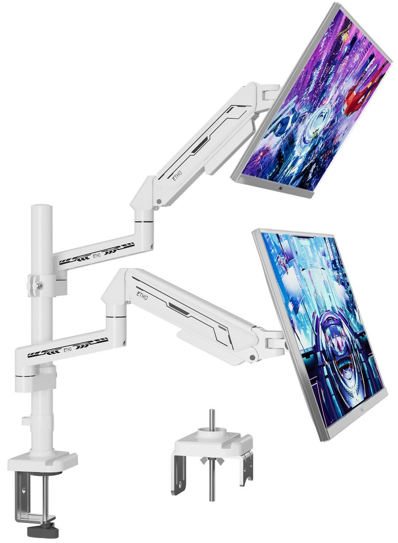 ETHU Dual Vertical Monitor Mount for 17-32 inch Screens, Height Adjustable Gas Spring Monitor Stand with 2 Arms, VESA 75x75/100x100, Each Arm Holds 2-9kg, C-Clamp and Grommet Base, White - Image 1
