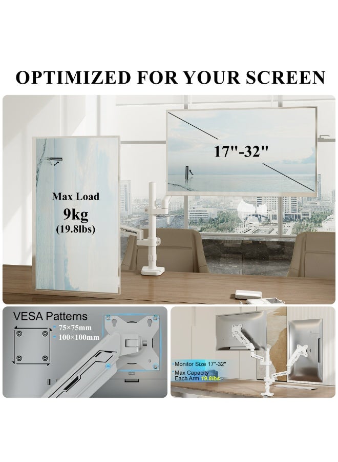 ETHU Dual Vertical Monitor Mount for 17-32 inch Screens, Height Adjustable Gas Spring Monitor Stand with 2 Arms, VESA 75x75/100x100, Each Arm Holds 2-9kg, C-Clamp and Grommet Base, White - Image 3