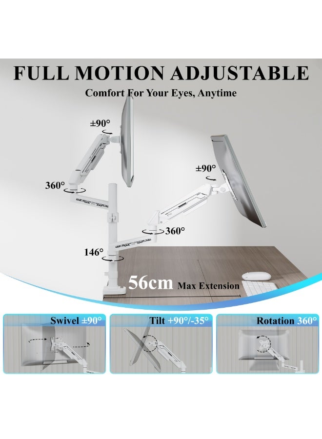 ETHU Dual Vertical Monitor Mount for 17-32 inch Screens, Height Adjustable Gas Spring Monitor Stand with 2 Arms, VESA 75x75/100x100, Each Arm Holds 2-9kg, C-Clamp and Grommet Base, White - Image 4