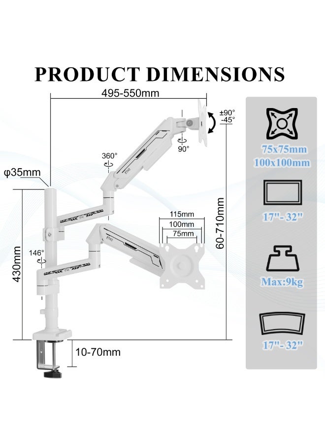 ETHU Dual Vertical Monitor Mount for 17-32 inch Screens, Height Adjustable Gas Spring Monitor Stand with 2 Arms, VESA 75x75/100x100, Each Arm Holds 2-9kg, C-Clamp and Grommet Base, White - Image 2