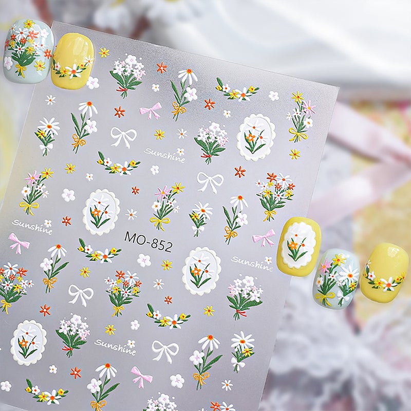 brunson 5D Daisy Nail Art Stickers | Elegant Embossed Flower Nail Decals Set, Fresh Floral Design Self-Adhesive Manicure Stickers for Gel, Acrylic & Natural Nails | Simple Sophisticated Nail Art Decorations - Image 2