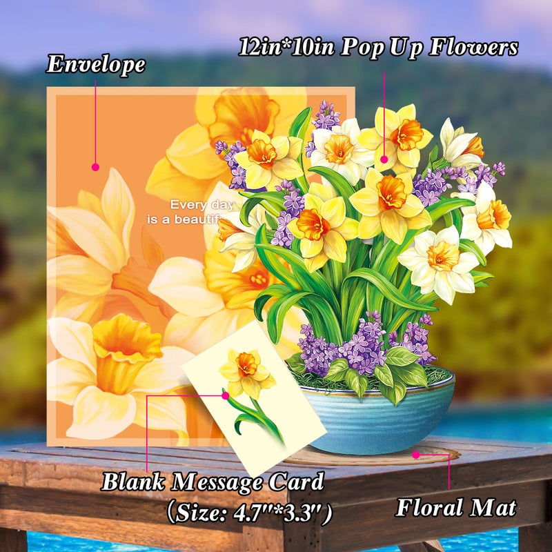 Airpark Pop Up Flower Cards, 3D Paper Flowers Bouquet Birthday Card 12â€™â€˜ with Blank Note and Envelope, Get Well Greeting, Easter, Thank You, Anniverary, Wedding Gifts Cards for Women Mom Friends, Yellow Daffodils - Image 5