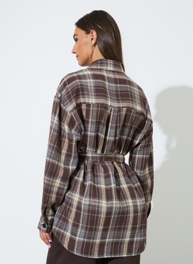 Styli Brown Longline Checked Print Shirt - Image 4