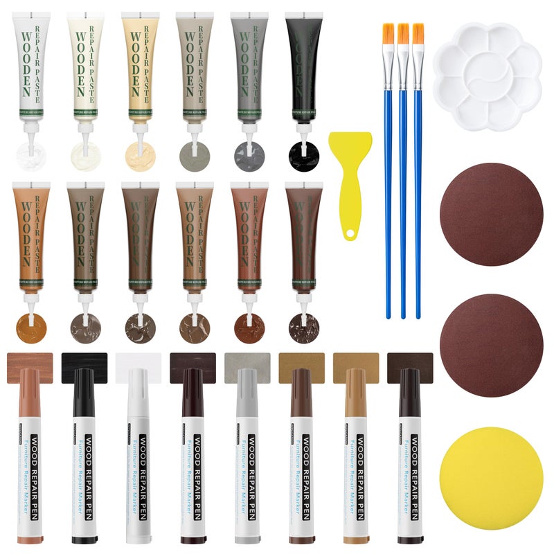 Oriflame Wood Furniture Repair Kit: 12-Color Filler and 8-Color Markers - Wood Touch Up for Scratches/Cracks/Holes/Stains in Floors/Table/Cabinets(Hardwood/Laminate) - Image 1