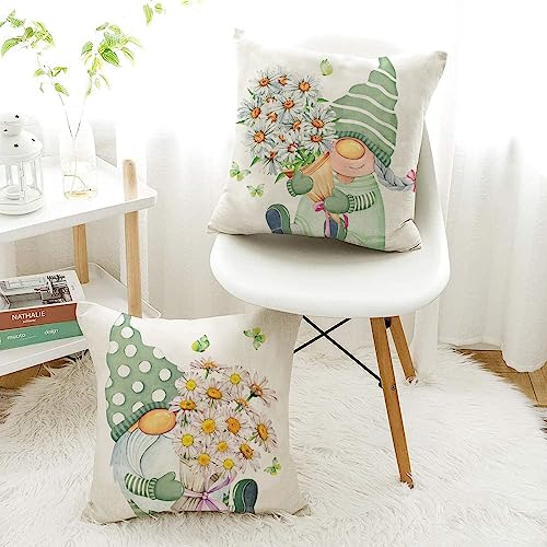 All Smiles Outdoor Green Spring Throw Pillow Covers 18x18 Set of 4 Summer Decorative Cushion Cases Home Décor Flower Decorations for Patio Couch Chair Sofa,Daisy Floral Gnomes - Image 4
