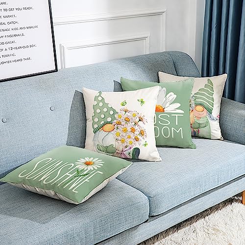 All Smiles Outdoor Green Spring Throw Pillow Covers 18x18 Set of 4 Summer Decorative Cushion Cases Home Décor Flower Decorations for Patio Couch Chair Sofa,Daisy Floral Gnomes - Image 3