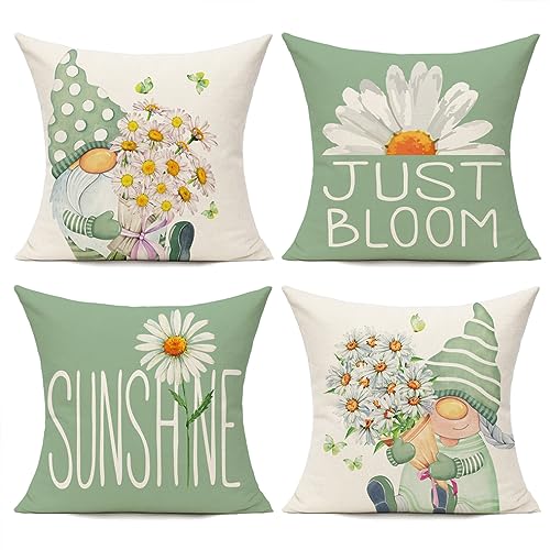 All Smiles Outdoor Green Spring Throw Pillow Covers 18x18 Set of 4 Summer Decorative Cushion Cases Home Décor Flower Decorations for Patio Couch Chair Sofa,Daisy Floral Gnomes - Image 1