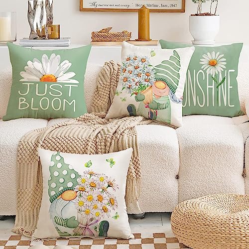 All Smiles Outdoor Green Spring Throw Pillow Covers 18x18 Set of 4 Summer Decorative Cushion Cases Home Décor Flower Decorations for Patio Couch Chair Sofa,Daisy Floral Gnomes - Image 2