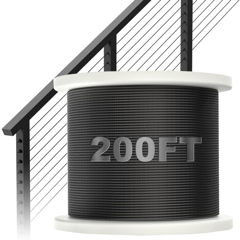 BLIKA 200FT 1/8" Black Stainless Steel Cable, T316 Marine Grade, Stainless Steel Wire Rope 7x7 Strand Construction, 1850lbs Breaking Strength Aircraft Cable for Deck Cable Railing, DIY Balustrades - Image 1
