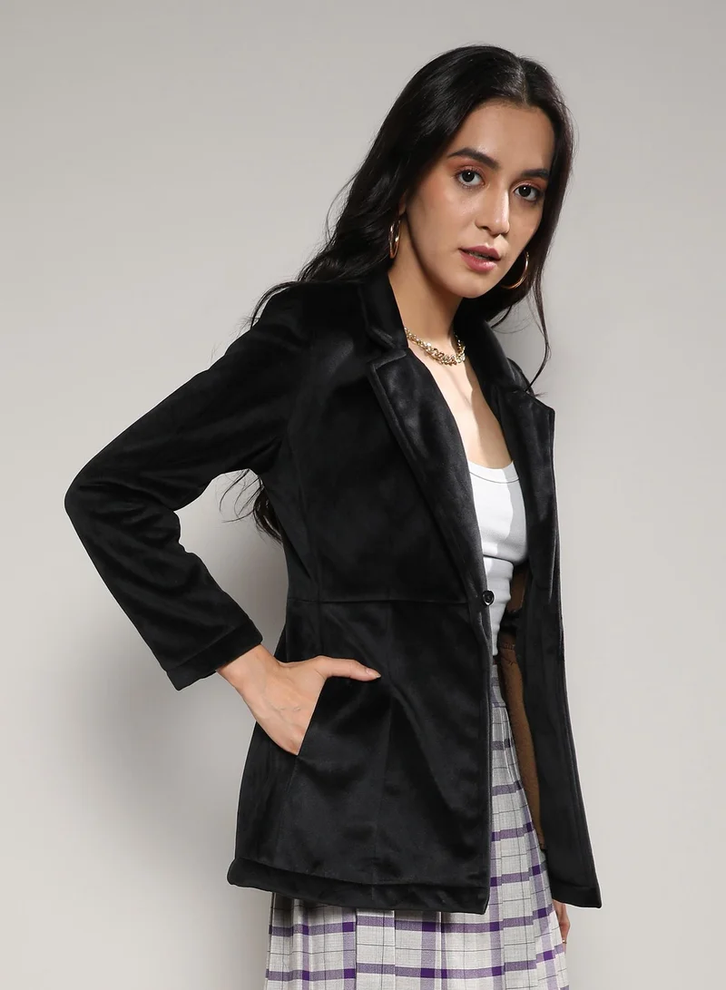 Campus Sutra Women's Black Single-Breasted Blazer With Power Shoulders