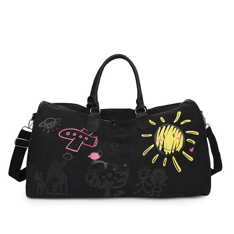 Generic New Commuter Long and Short Distance Lightweight Shoulder Crossbody Fashionable Printed Large Capacity Canvas Wear-Resistant Portable Travel Bag Black 