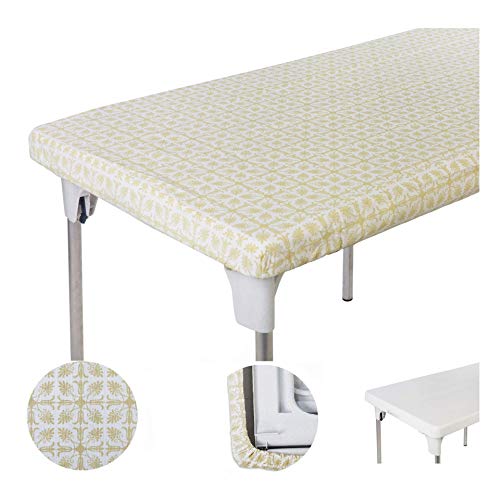 TopTableCloth Table Cover Yellow Gold Patterned Elastic Vinyl Christmas Tablecloth rectangular for folding table 6 ft 30 x 72 inch Waterproof Fitted Table Cloths Rectangle Camping Picnic Party Outdoor - Image 1