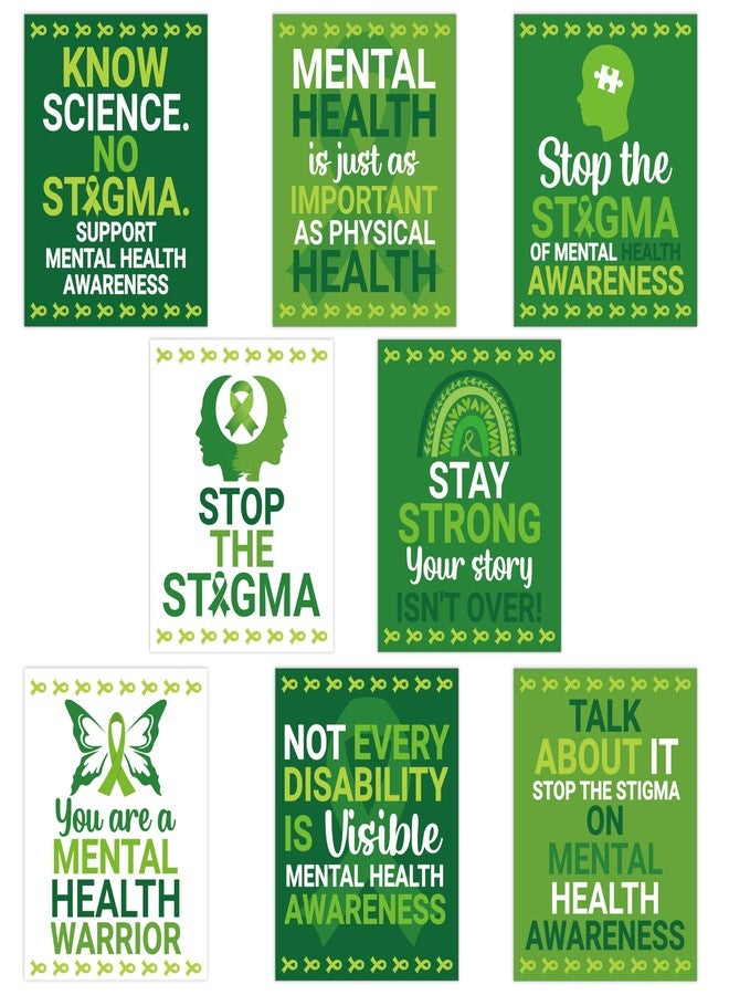 CPicdn 8Pcs Mental Health Posters, Unframed Mental Health Awareness Poster 8x10 Inch Wall Art Prints Decor Positive Quotes Green Ribbon Decorations for Classroom School Therapy Counseling Office - Image 1