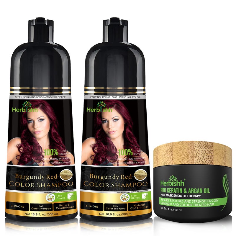 Combo Pack Herbishh Color Shampoo for Gray Hair Argan Intense Hair Mask Longlasting Dye Colors in Minutes Stimulates Dry Frizzy Hair 500 ml Burgundy