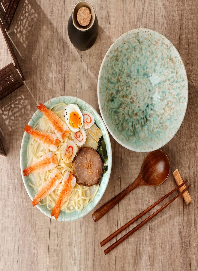 NUTRIUPS 8 Inch Ceramic Ramen Bowl Set of 2 Pho Bowls 40oz Japanese Noodle Udon Soup Bowls with Spoons and Chopsticks (Forest) - Image 3