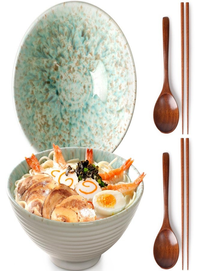 NUTRIUPS 8 Inch Ceramic Ramen Bowl Set of 2 Pho Bowls 40oz Japanese Noodle Udon Soup Bowls with Spoons and Chopsticks (Forest) - Image 1