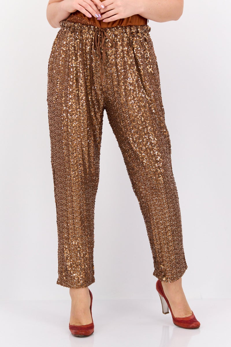DEX Women Regular Fit Sequin Straight Pants, Rust Brown  - Image 1