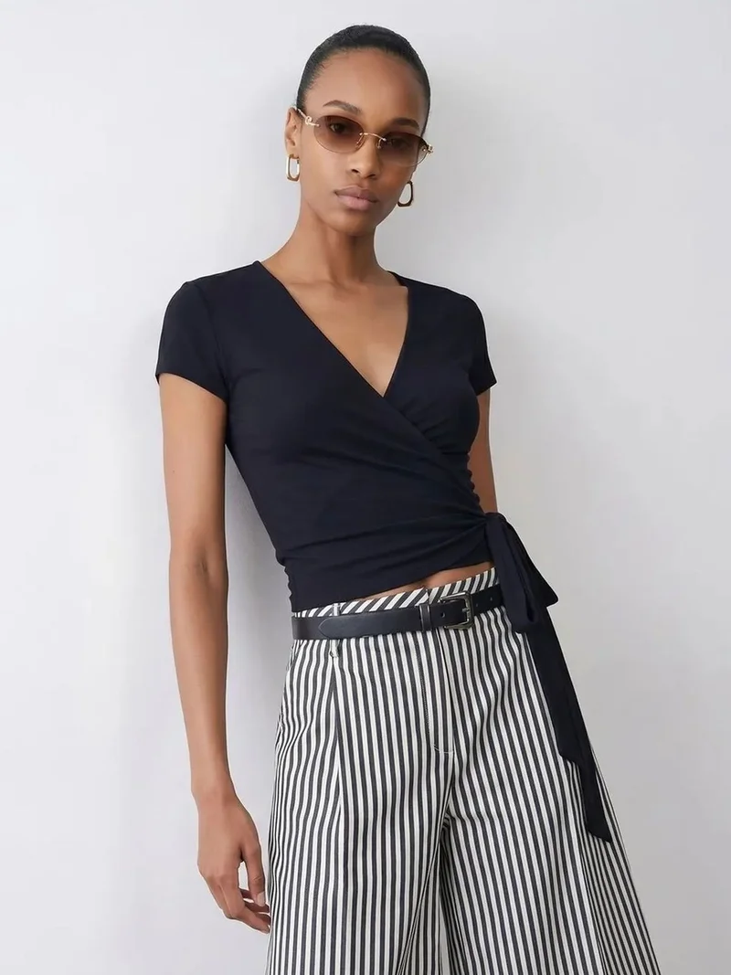 ديلفين DILVIN Crop Wrap Blouse With Tie Detail