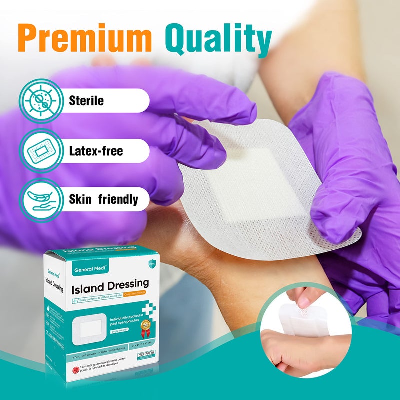 General Medi Sterile Island Dressing Bordered Gauze â€“ 50 Count, 4" x 4" Gauze Pads, Wound Care Pad with Adhesive Border - Sterile, Soft & Highly Absorbent Medical Grade Dressing Pad - Image 3