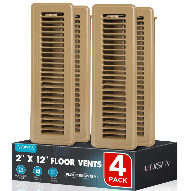 VOISEN Floor Register 2x12 4 Pack Floor تنفيس يغطي الصلب قابل للتعديل إمدادات الهواء مصبغة تسجيل غطاء تنفيس الشواية للجدار الجانبي وأغطية تنفيس الأرضية للأرضية المنزلية باللون البني - Image 1