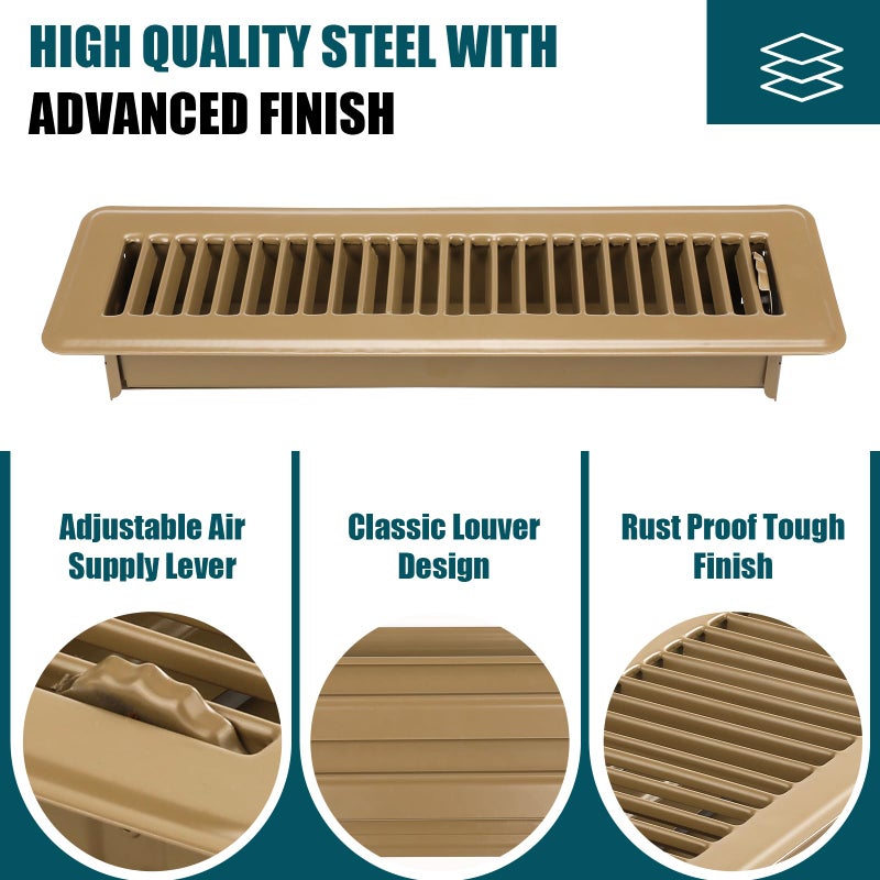 VOISEN Floor Register 2x12 4 Pack Floor تنفيس يغطي الصلب قابل للتعديل إمدادات الهواء مصبغة تسجيل غطاء تنفيس الشواية للجدار الجانبي وأغطية تنفيس الأرضية للأرضية المنزلية باللون البني - Image 4