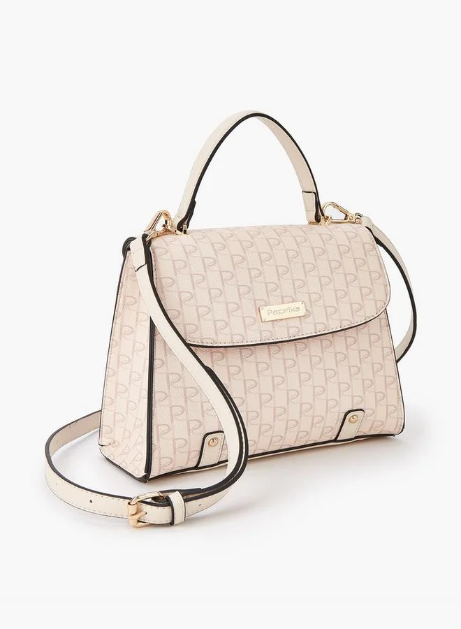 Paprika Monogram Print Satchel Bag with Button Closure