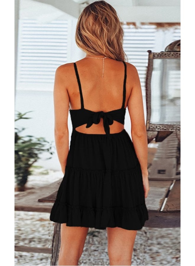 ECOWISH Summer Dresses for Women 2026 V-Neck Spaghetti Strap Bowknot Backless Sleeveless Lace Mini Swing Skater Dress, Black, S - Image 4