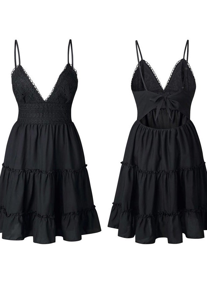 ECOWISH Summer Dresses for Women 2026 V-Neck Spaghetti Strap Bowknot Backless Sleeveless Lace Mini Swing Skater Dress, Black, S - Image 5