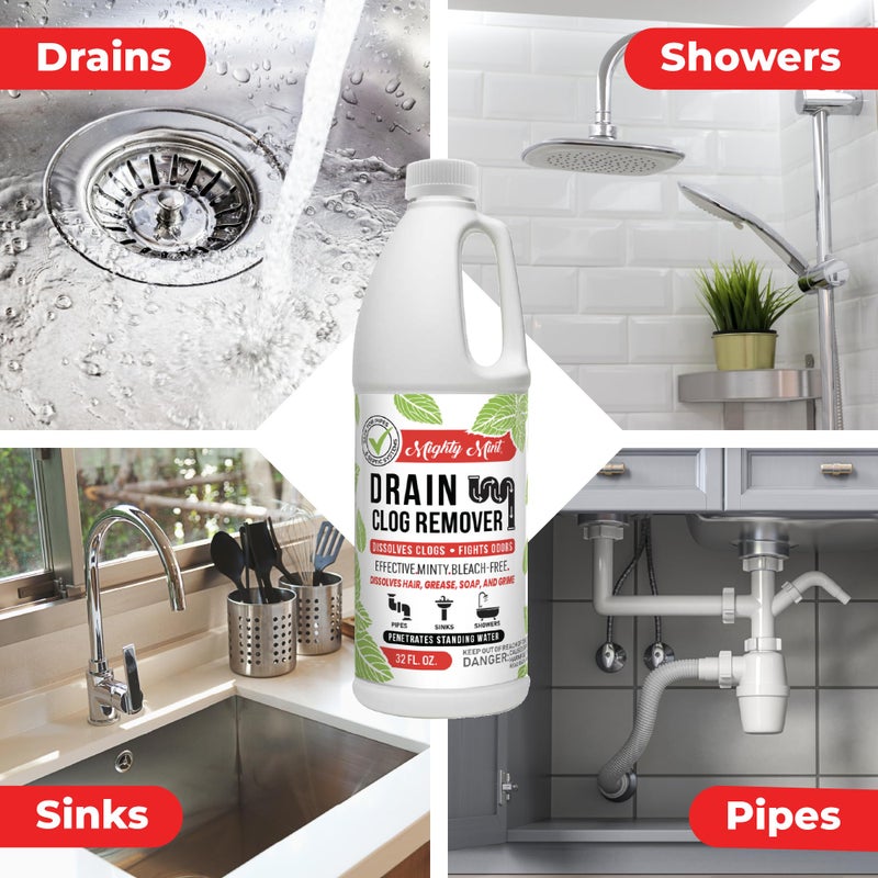 Mighty Mint مزيل انسداد المصارف من نعناع مايتي، آمن للأنابيب والصرف الصحي، يذوب الشعر والشحوم، Clears Blocked Drains ويدهن، رائحة نعناع طبيعية، 32 أونصة - Image 2
