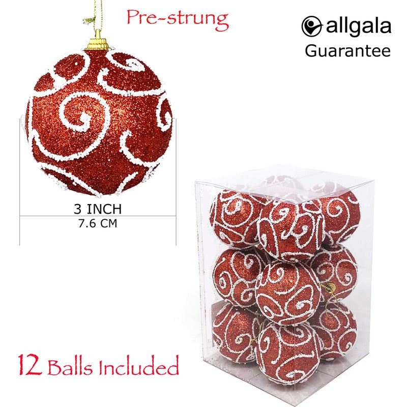 allgala allgala 12 Pack 3 Inch Christmas Tree Ornament Balls-Glitter Decorated Foam Large Xmas Ball-Red  - Image 2