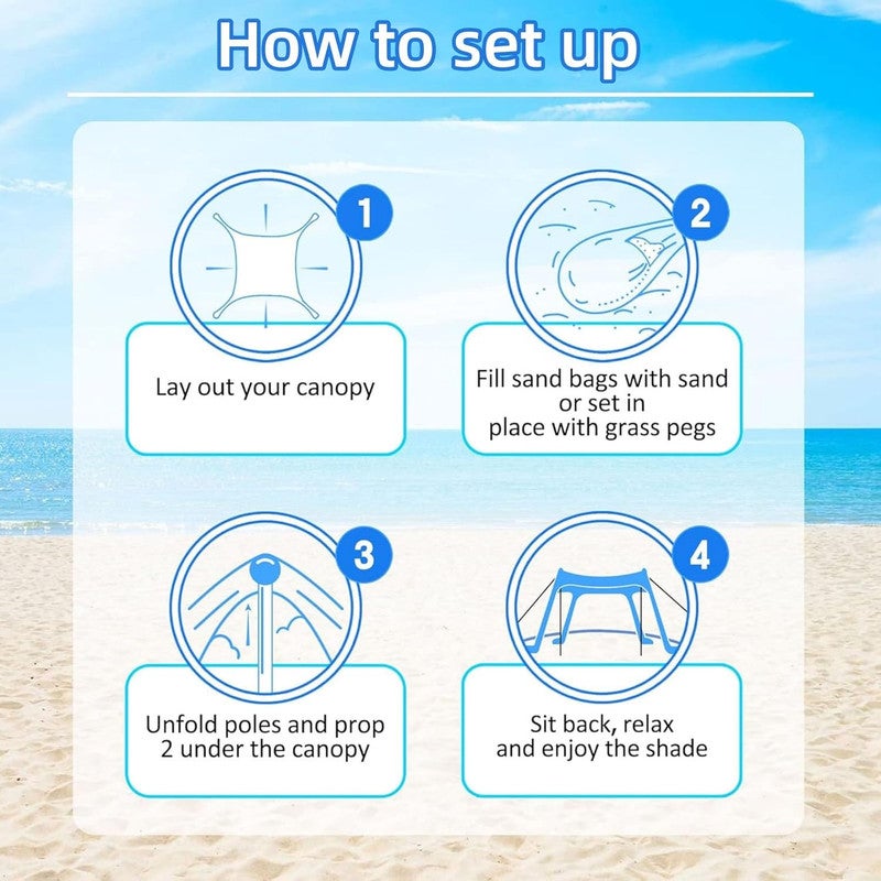 DEXO خيمة شمسية للشاطئ - 7x7 قدم مع حماية من الأشعة فوق البنفسجية UPF 50+، أكياس رملية، أعمدة ألمنيوم وحقيبة حمل - ملجأ خفيف الوزن ومستقر ضد الرياح للشاطئ، التخييم والرحلات الخارجية - Image 5