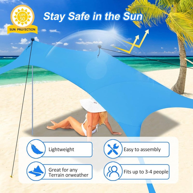 DEXO خيمة شمسية للشاطئ - 7x7 قدم مع حماية من الأشعة فوق البنفسجية UPF 50+، أكياس رملية، أعمدة ألمنيوم وحقيبة حمل - ملجأ خفيف الوزن ومستقر ضد الرياح للشاطئ، التخييم والرحلات الخارجية - Image 2