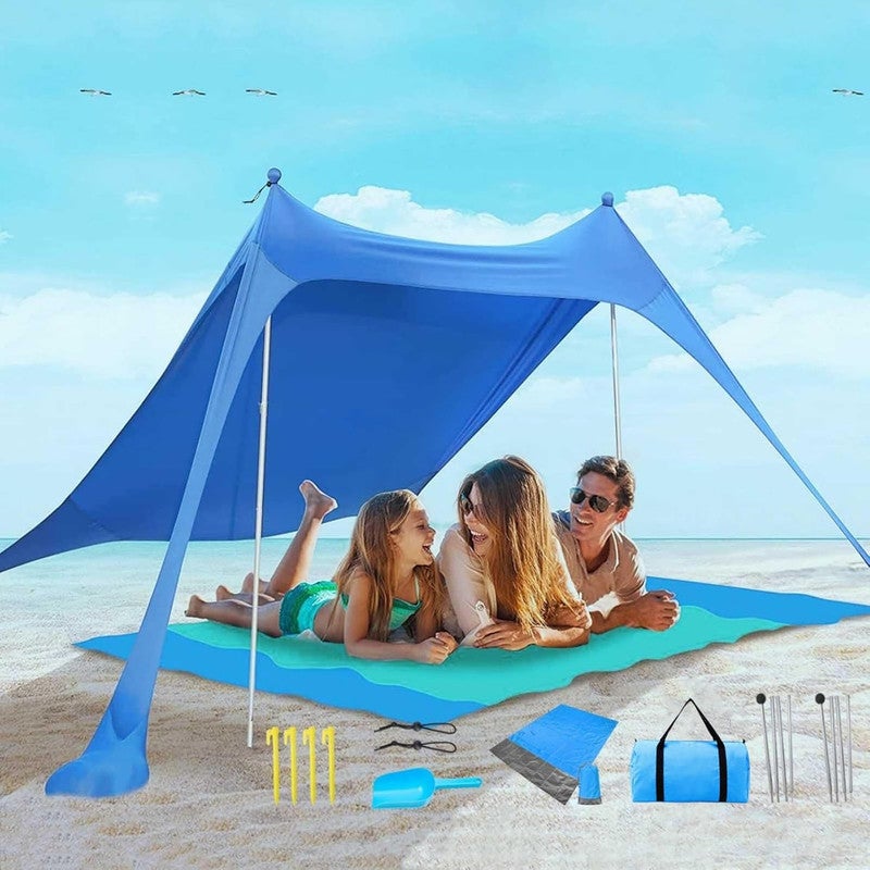 DEXO خيمة شمسية للشاطئ - 7x7 قدم مع حماية من الأشعة فوق البنفسجية UPF 50+، أكياس رملية، أعمدة ألمنيوم وحقيبة حمل - ملجأ خفيف الوزن ومستقر ضد الرياح للشاطئ، التخييم والرحلات الخارجية - Image 1