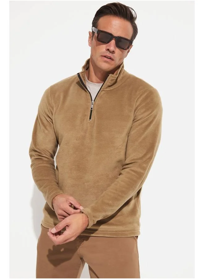 JUNE June Men Half Zip Fleece Sweatshirt Camel