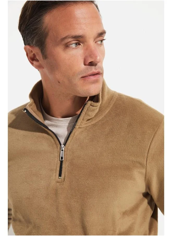 JUNE June Men Half Zip Fleece Sweatshirt Camel