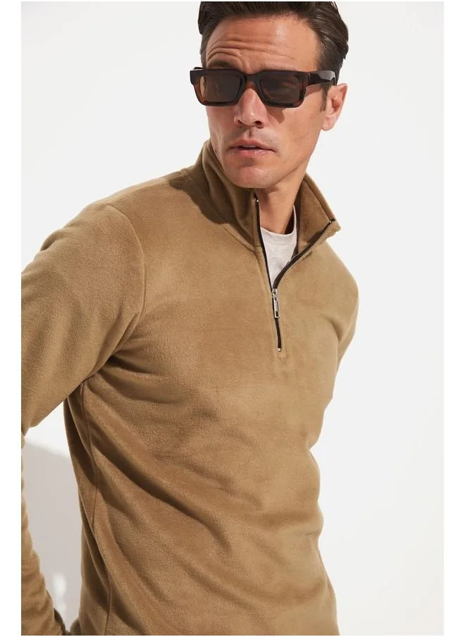 JUNE June Men Half Zip Fleece Sweatshirt Camel