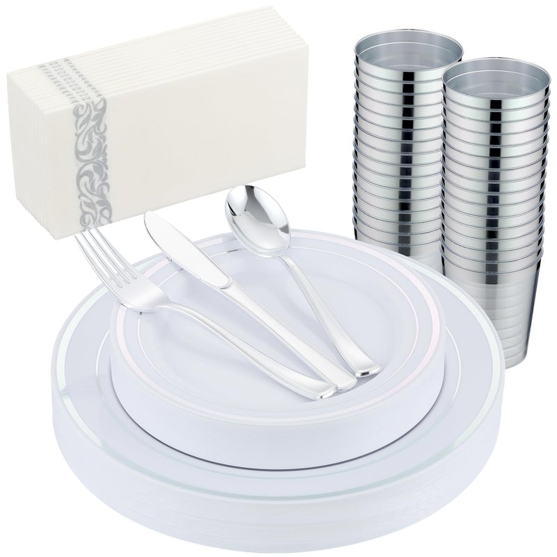 ISFANGCO 175 PCS Silver Dinnerware Set for 25 Guests Silver Rimmed Heavy Duty Plastic Disposable Plates for Party Wedding with 25 Dinner PlatesDessert Plates Silverware Set Cups Napkins