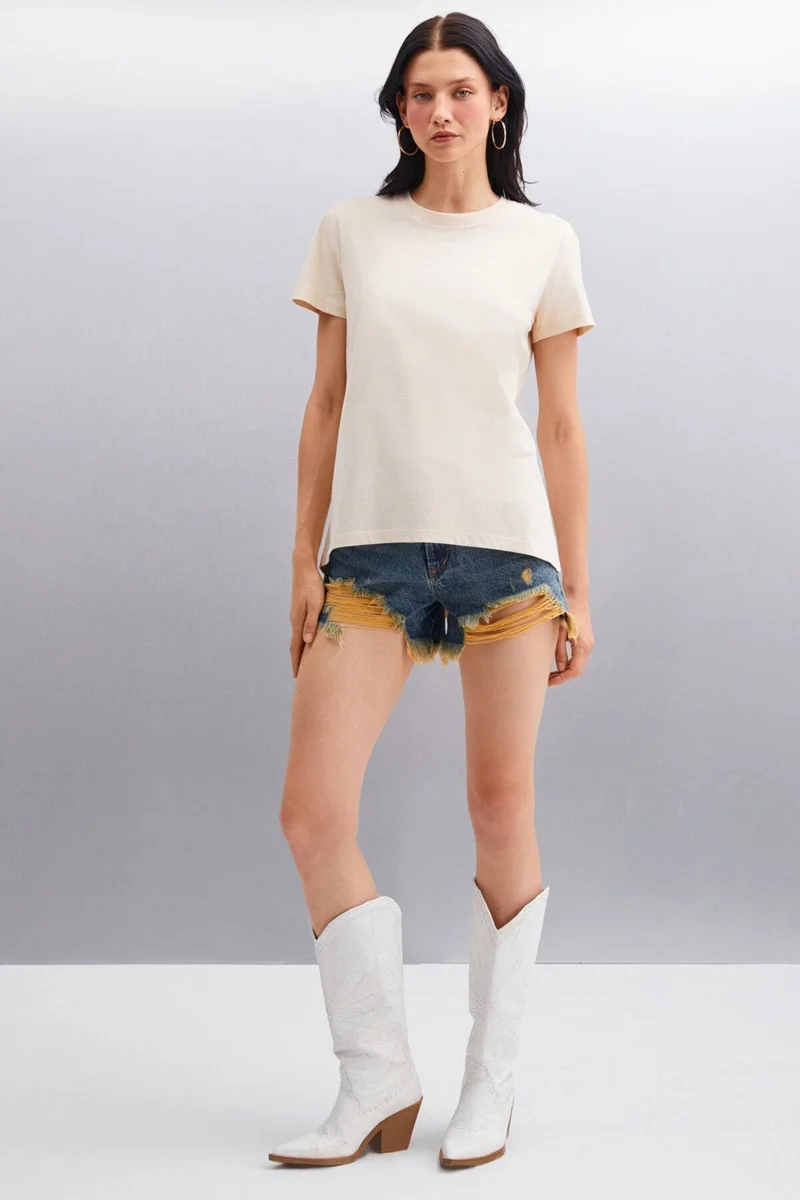 جريميلانج Samantha Women's Comfort Fit 100% Organic Cotton Basic Knitted Beige T-shirt