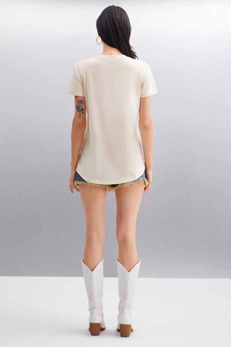 جريميلانج Samantha Women's Comfort Fit 100% Organic Cotton Basic Knitted Beige T-shirt