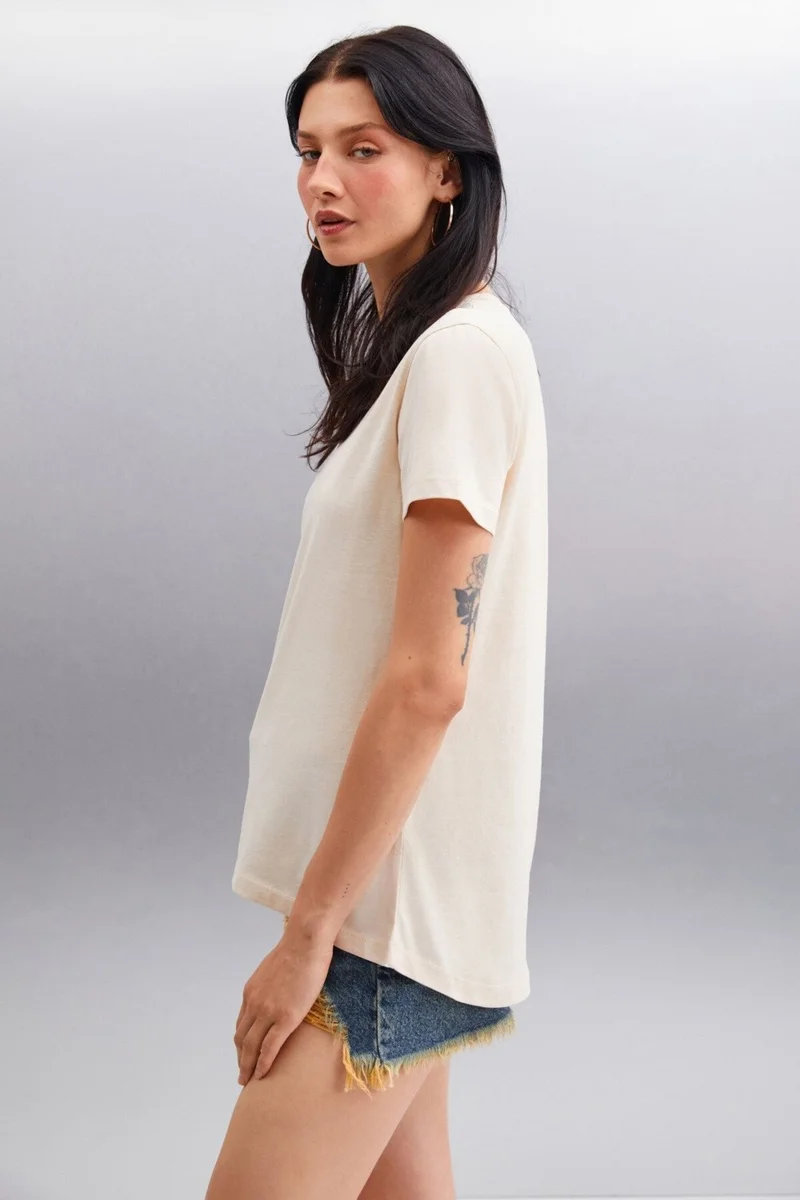 جريميلانج Samantha Women's Comfort Fit 100% Organic Cotton Basic Knitted Beige T-shirt